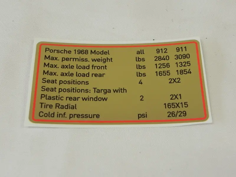 (New) 911/912 1968 Red Border Tire Pressure Decal 1