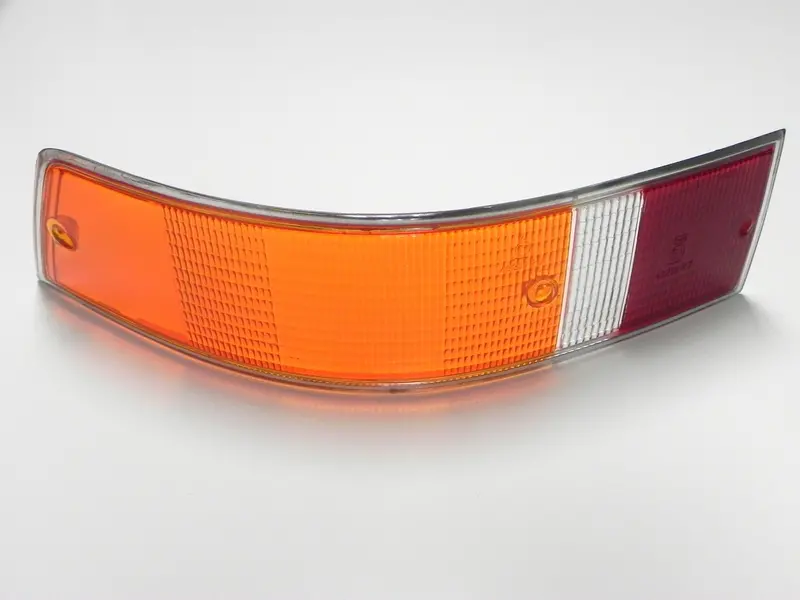 (New) 911/912 Left Side Euro Amber/Red/Clear Tail Light Lens With Silver Trim - 1969-72 1