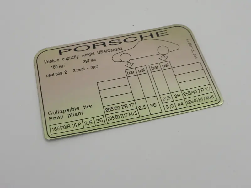 (New) 911/964 Turbo Tire Pressure Decal - 1989-94 1