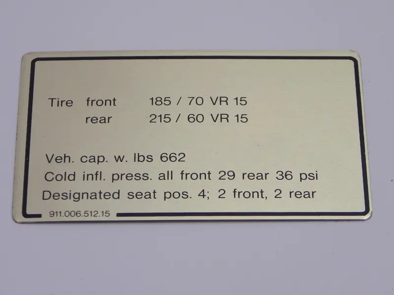 (New) 911 Carrera 15" Tire Pressure Decal  - 1984-89 1