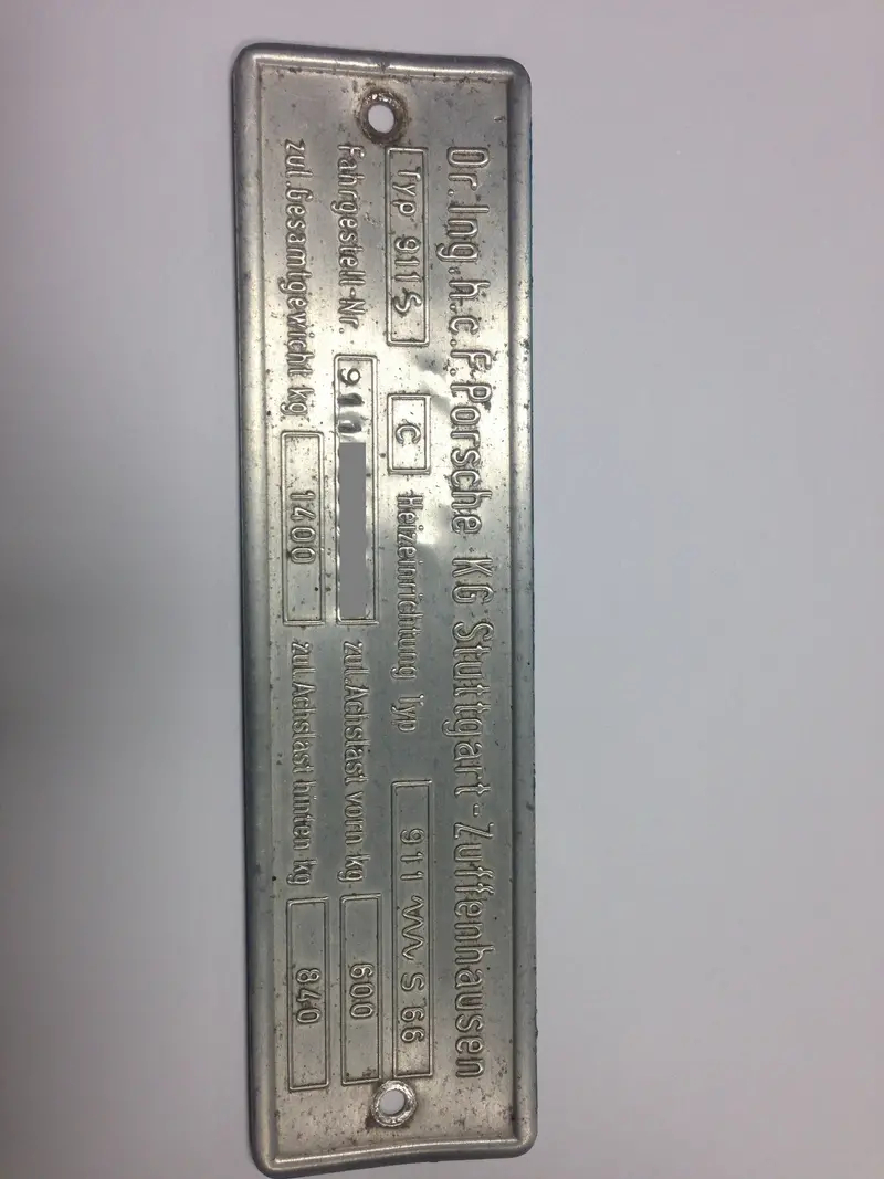 (New) 911 S 2.2L Type C Chassis Id 3 Line Plate - 1970-71 2