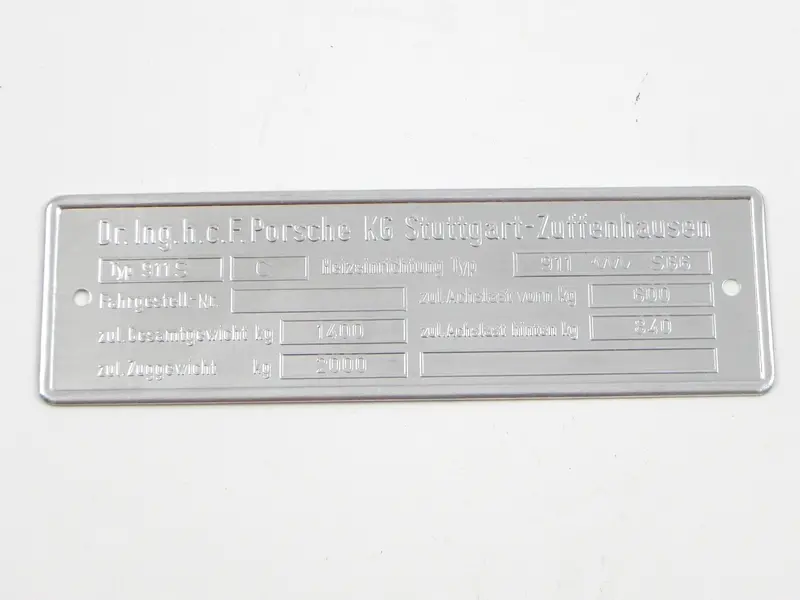 (New) 911 S 2.2L Type C Chassis Id 4 Line Plate - 1971 1