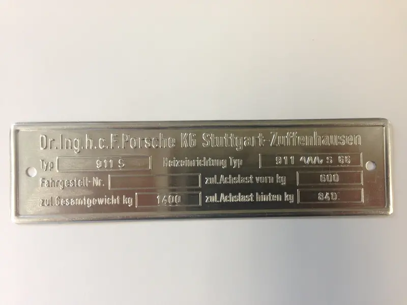 (New) 911 S Chassis Id Plate - 1967-69 1