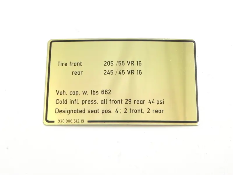 (New) 911 Vehicle Capacities And Tire Pressure Decal - 1987-89 1