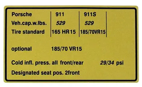 (New) 911 Vehicle Capacity And Tire Pressure Decal - 1974 1