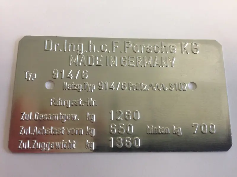 (New) 914/6 Chassis Id Plate - 1970-72 1