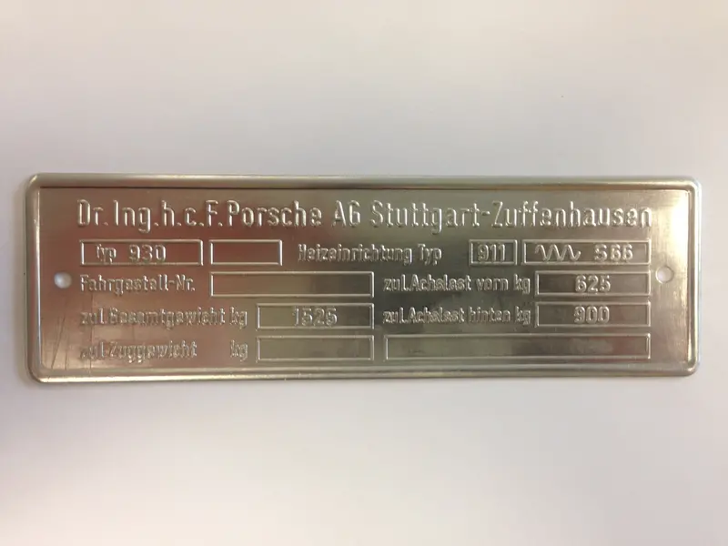 (New) 930 911 Turbo Chassis Id Plate - 1975-77 1