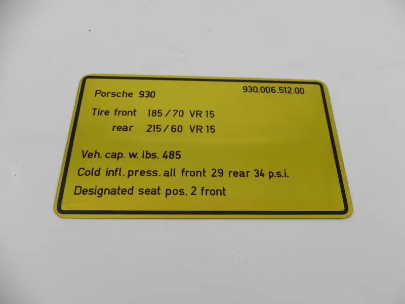 (New) 930 Tire Pressure Size Decal - 1975-77 1