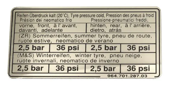 (New) 944/968 Tire Capacity Decal - 1989-95 1