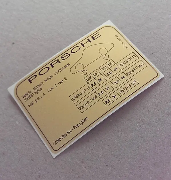 (New) 964 Tire Pressure And Capacities Decal - 1989-94 1