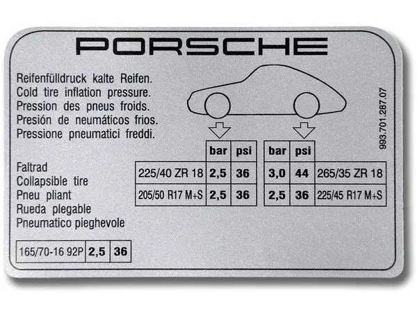(New) 993 Carrera Rs Tire Pressure Decal - 1994-98 1