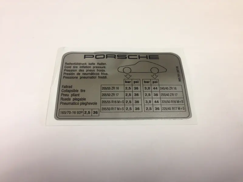 (New) 993 Coupe/Cabrio/Targa Tire Pressure Decal - 1994-96 1