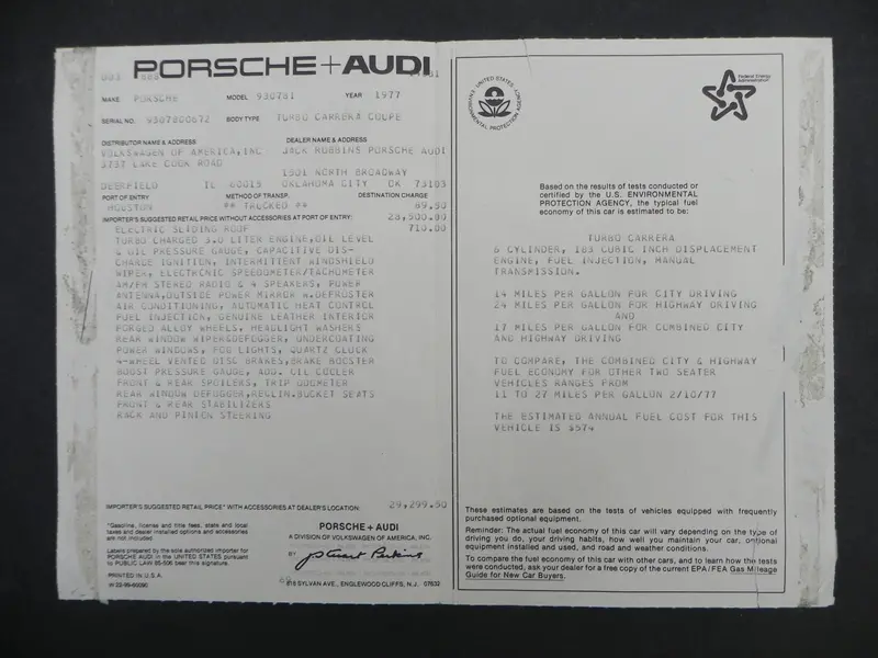 (Original) 1977 930 Turbo Carrera Window Sticker 1