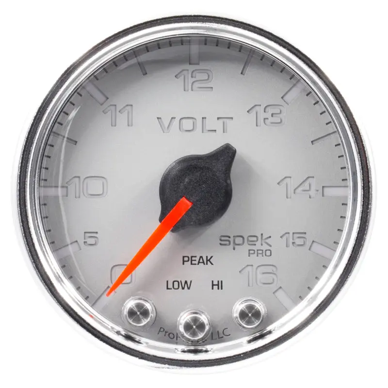 Autometer Spek-Pro Gauge Voltmeter 2 1/16In 16V Stepper Motor W/Peak & Warn Slvr/Chrm 1