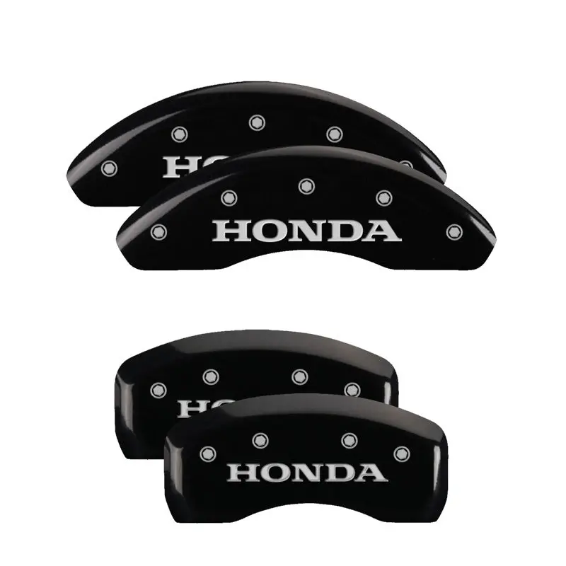 Mgp Engraved 4-Piston Caliper Covers – Front & Rear, Black Powder Coat With Silver Lettering For Honda Models 1